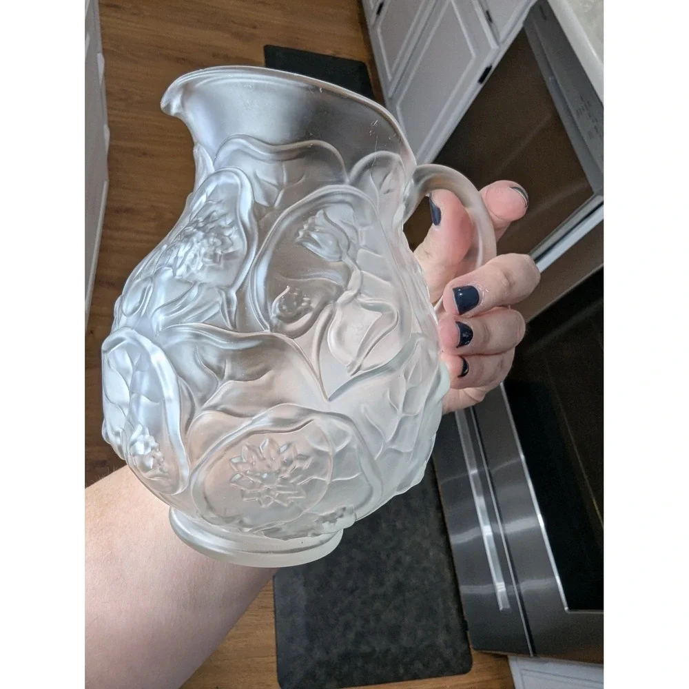 Vintage Frosted Glass Pitcher Floral Embossed Satin Glass Relief Design